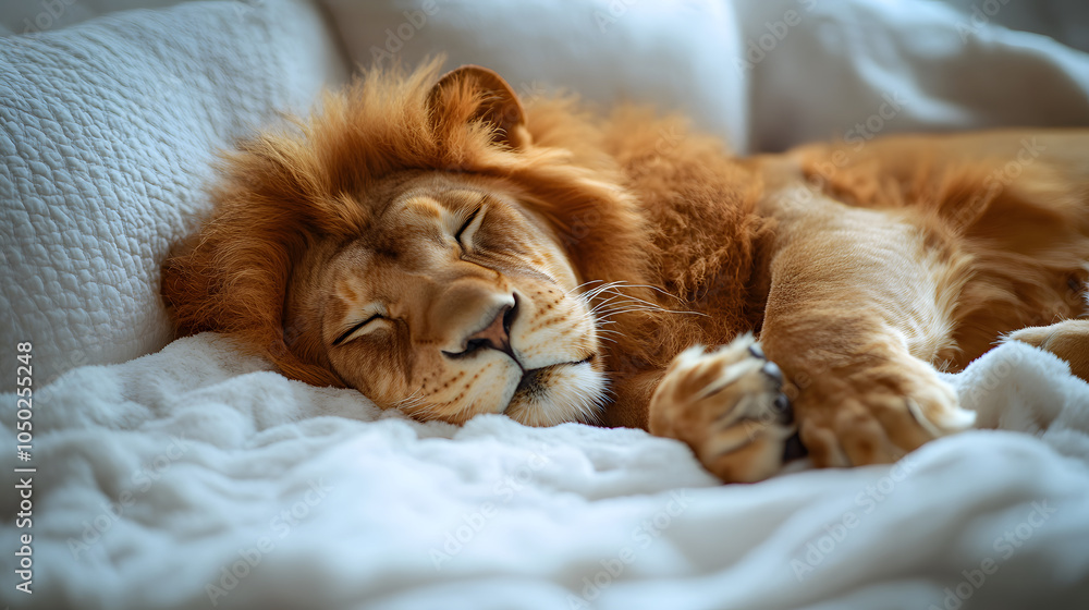 Surveillance Capture: A Serene Lion Slumbering on an Elegant Vintage Bed in a Cozy Room Surveillance Capture: A Serene Lion Slumbering on an Elegant Vintage Bed in a Cozy Room