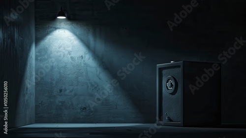 A dark room with a single spotlight illuminating a safe with a dial lock, symbolizing the storage of confidential data, Confidential