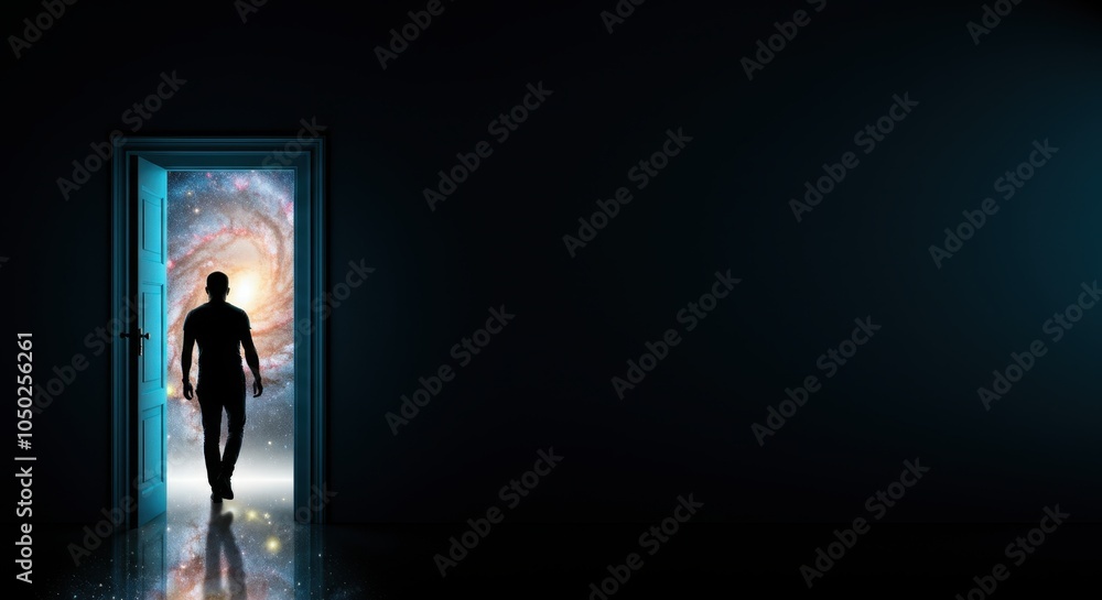 Man walks through door into vibrant cosmic scene Man walks through door into vibrant cosmic scene