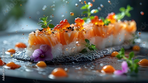 Vibrant Sushi Platter featuring Flying Fish Roe and Fresh Herbs, Perfect for Culinary Promotions, Social Media Posts, and Japanese Cuisine Menus. photo