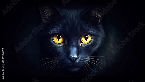 close up black cat yellow eyes peering from the darkness.AI GENERATED