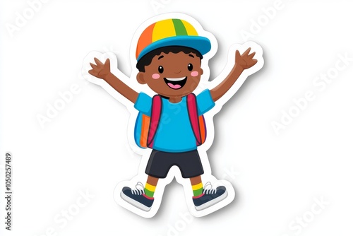 Excited young boy of African descent wearing a colorful cap and backpack, joyfully celebrating.