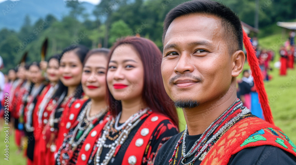 Traditional cultural procession with smiling individuals in colorful attire Traditional cultural procession with smiling individuals in colorful attire