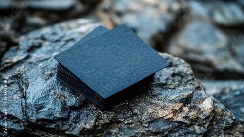 Two modern business card mockups are stacked on a rugged stone background photo