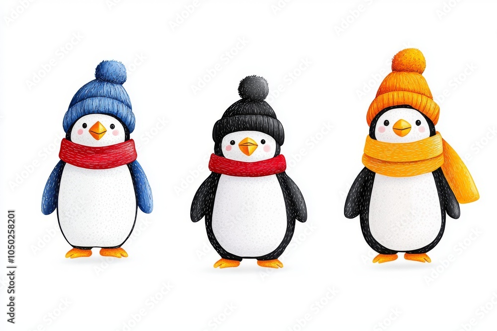 Fototapeta premium Three cheerful penguins dressed in colorful winter hats and scarves, showcasing warmth and playfulness.