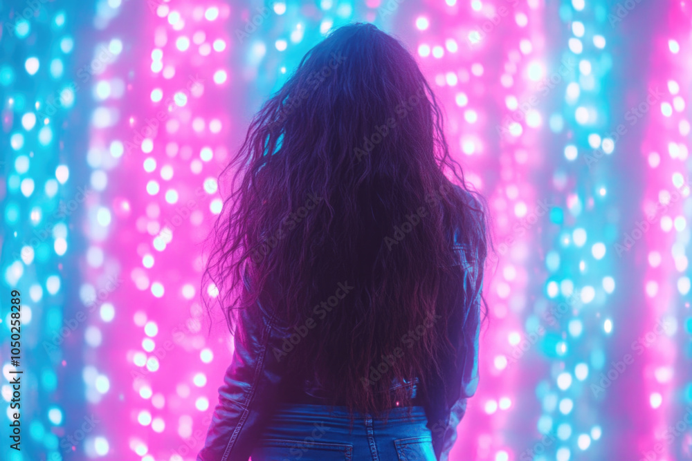 Woman with long hair standing against vibrant neon light background Woman with long hair standing against vibrant neon light background