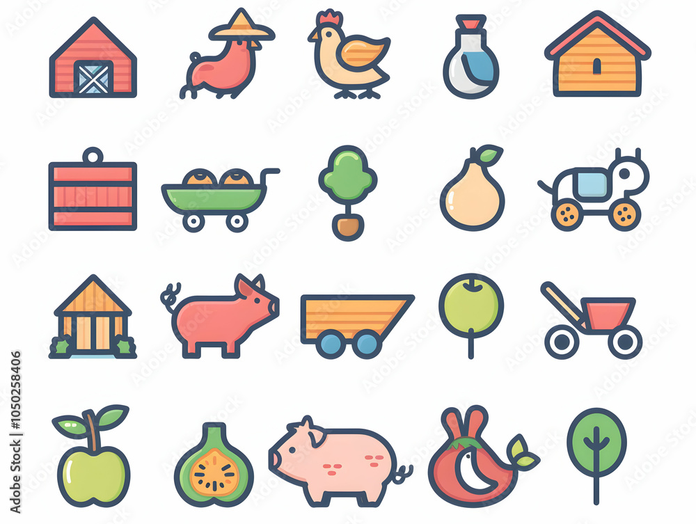 Obraz premium A set of 20 farm icons with a white background. The icons are all in a flat, colorful style and depict various farm animals, buildings, and produce.