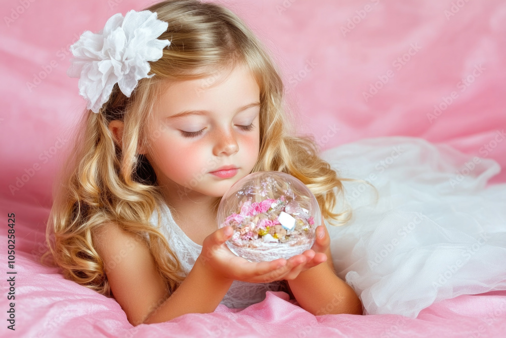 Dreamy child with crystal ball surrounded by pink elegance Dreamy child with crystal ball surrounded by pink elegance