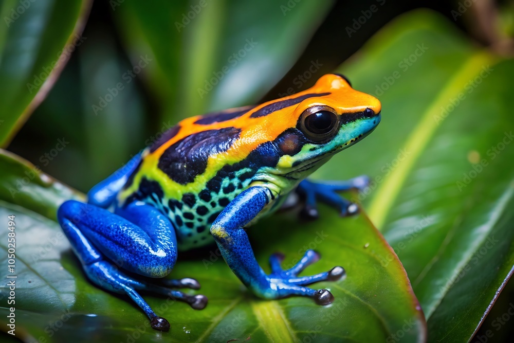 Fototapeta premium A colorful frog sits on a green leaf.AI GENERATED