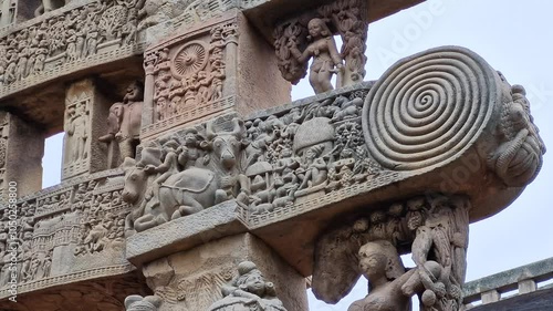 Sanchi- 2024, Jul 27: Close-up of the architraves Northern Gateway of the Stupa photo