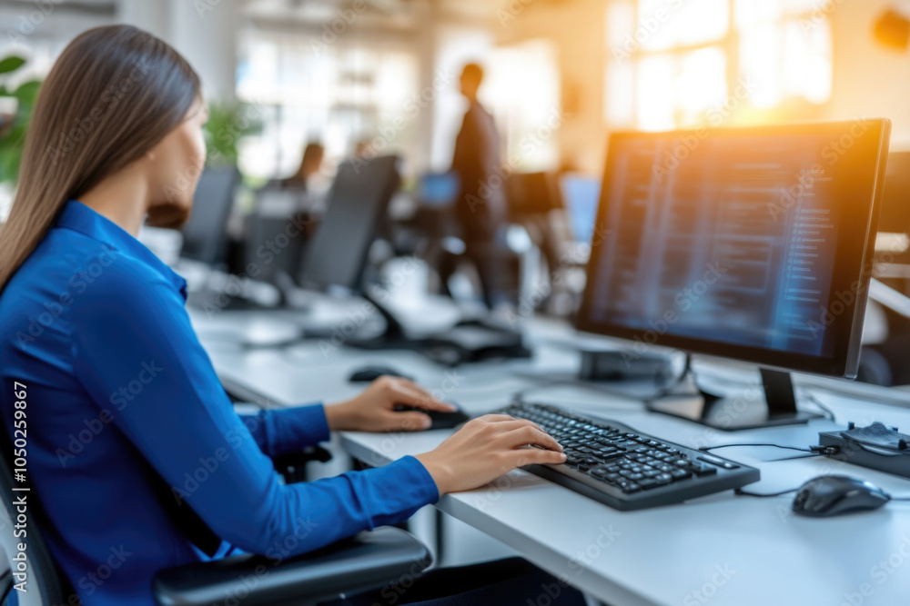Professional woman engaged in work at modern office desk with computer Professional woman engaged in work at modern office desk with computer