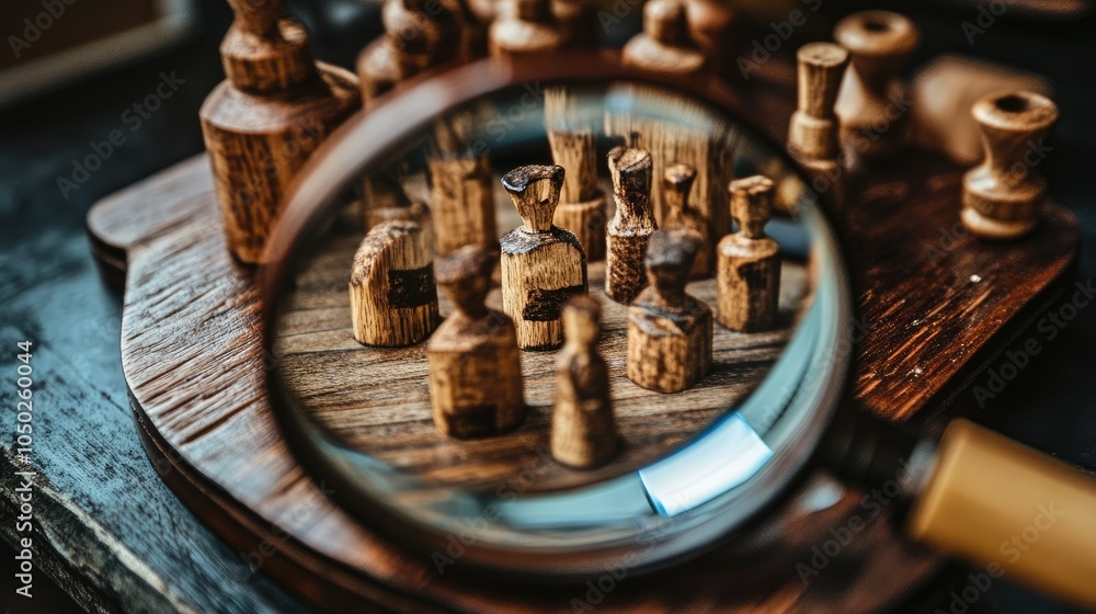 Close-up of a magnifying glass over a group of small wooden figures on a desk, highlighting the texture of the wood. Close-up of a magnifying glass over a group of small wooden figures on a desk, highlighting the texture of the wood.