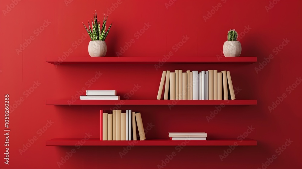 Three red shelves on a red wall with plants and books. Three red shelves on a red wall with plants and books.