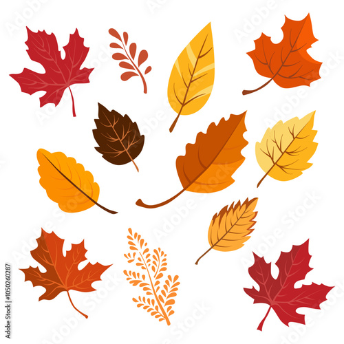 Set of vector autumn yellow dry leaves. Clipart is on white background. Isolated flat illustration with brown plants for design, greeting card, banner, board, flyer, sale, poster