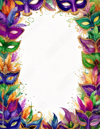 frame with colorful masks, Mardi Gras frame of colorful masks, Mardi Gras colorful frame background, Mardi Gras border, Watercolor Mardi Gras masks Frame.