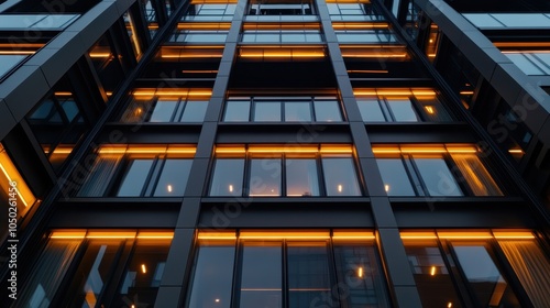 Modern high-rise building with a sleek, dark facade and illuminated windows, creating a striking contrast against the night sky