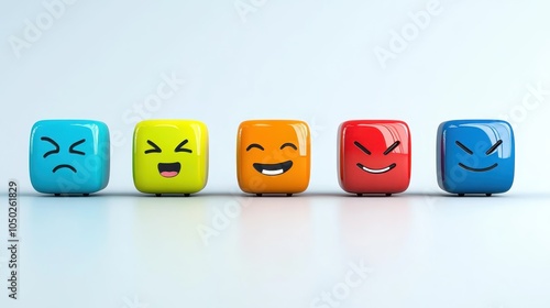 Row of five colorful cubes with different emoji faces, ranging from sad to very happy photo