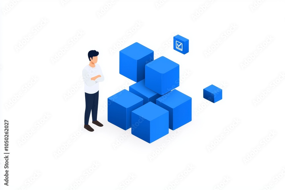 A young man, standing with crossed arms, contemplating blue cubes in a minimalist setting. A young man, standing with crossed arms, contemplating blue cubes in a minimalist setting.