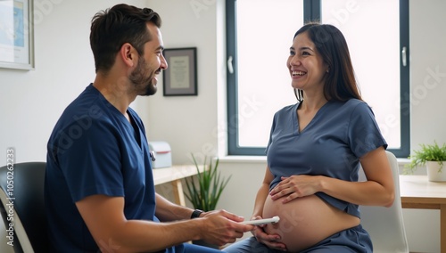 Doctor offers advice to expectant mother in a luminous contemporary clinic