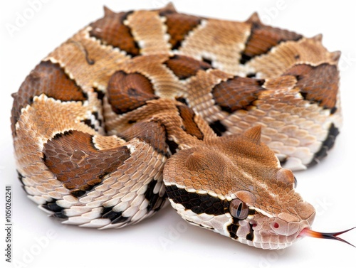 striking Gaboon Viper is beautifully coiled showcasing its intricate cryptic pattern and horn like scales. This unique reptile exhibits remarkable features in dramatic side lighting. photo