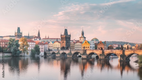 A charming view of the historic town of Prague with its medieval architecture and iconic Charles Bridge over the Vltava River, historic setting with soft evening light, Gothic style