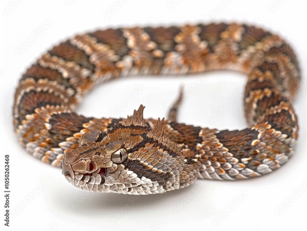 striking Gaboon Viper showcases its unique horn like scales and intricate patterns as it coils on clean white background illuminated dramatically from the side. striking Gaboon Viper showcases its unique horn like scales and intricate patterns as it coils on clean white background illuminated dramatically from the side.