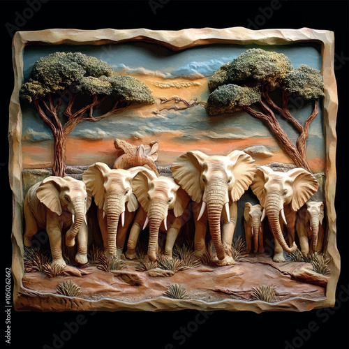 3D bas-relief of a herd of elephants in the wild. Vector. Stylish print for T-shirts, printing on fabric, paper, porcelain, plastic, packaging. Creative interior decor.