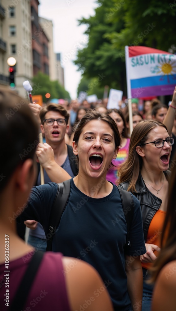 Fototapeta premium At a solidarity march participants display LGBTQ Gay Pride flags
