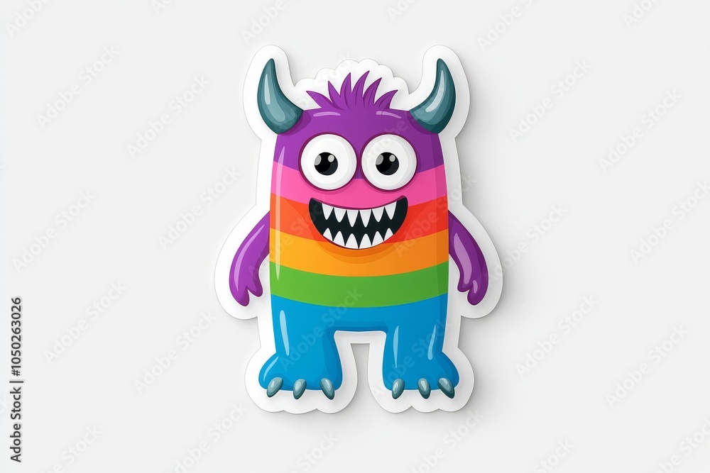 A colorful cartoon monster with purple and rainbow stripes, big eyes, and sharp teeth, exuding a playful vibe. A colorful cartoon monster with purple and rainbow stripes, big eyes, and sharp teeth, exuding a playful vibe.