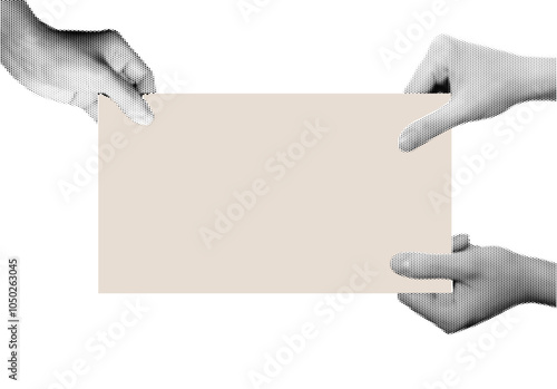 Halftone image of hands holding paper. Pop art retro style illustration