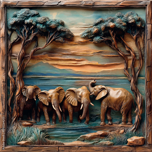 3D bas-relief of a herd of elephants in the wild. Vector. Stylish print for T-shirts, printing on fabric, paper, porcelain, plastic, packaging. Creative interior decor.