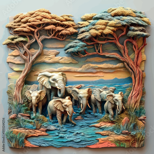 3D bas-relief of a herd of elephants in the wild. Vector. Stylish print for T-shirts, printing on fabric, paper, porcelain, plastic, packaging. Creative interior decor.