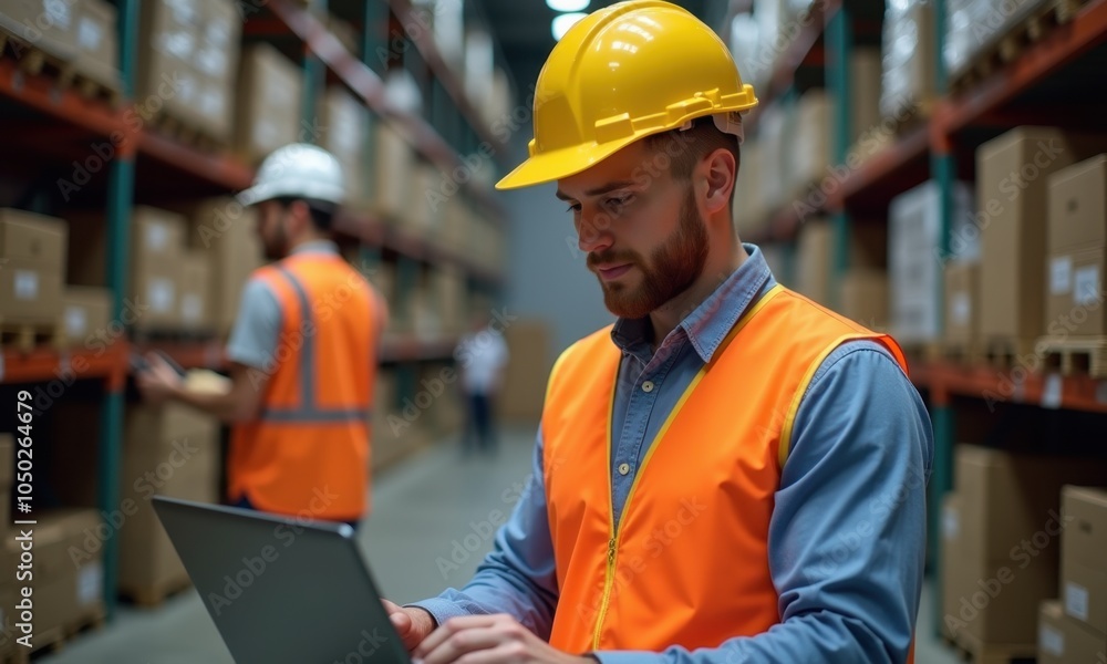 custom made wallpaper toronto digitalMan engineer in the warehouse with a laptop in a safety helmet.