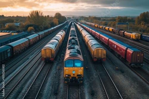 Aerial view of colorful freight trains lined up on tracks. The sun sets in the background creating a warm glow. Perfect for transport and travel themes. Generative AI photo