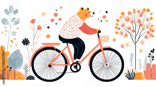 A cheerful bear pedals a pink bicycle surrounded by vibrant autumn foliage and blooming flowers, vector illustration.