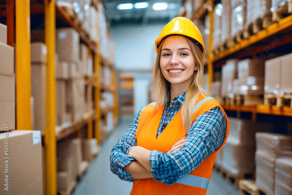 Smiling Worker in Safety Vest Crosses Arms, Ready for Inventory Tasks. Smiling Worker in Safety Vest Crosses Arms, Ready for Inventory Tasks.