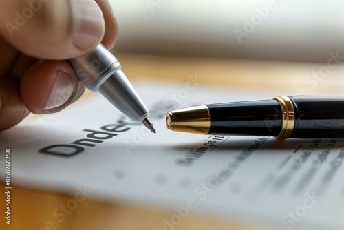 Close up view of a businessman signing an official document on the undersigned line using a pen