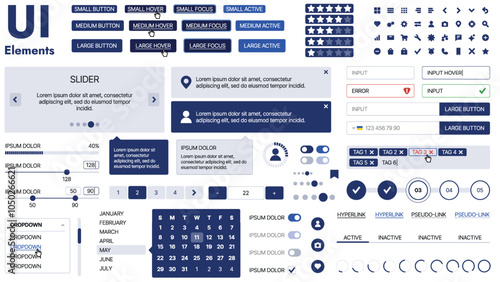 A clean and responsive template with UI elements, menu, icons, and checkboxes; ideal for a business or social media page. Horizontal layout with simple shapes