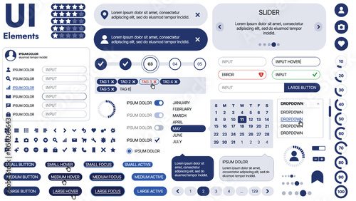 A clean and responsive template with UI elements, menu, icons, and checkboxes; ideal for a business or social media page. Horizontal layout with simple shapes