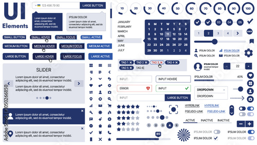 A clean and responsive template with UI elements, menu, icons, and checkboxes; ideal for a business or social media page. Horizontal layout with simple shapes