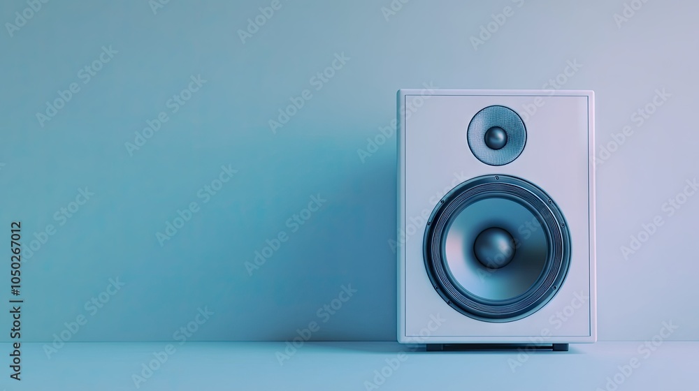 Modern acoustic speaker placed against a minimalist background, with a focus on its clean lines and high-end audio components.