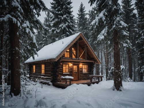 A cozy wooden cabin in the snowy forest, surrounded by a winter wonderland.