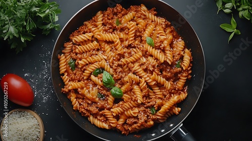 A close-up of a skillet filled with fusilli pasta, meat sauce, basil, and salt. The pasta is cooked al dente and the sauce is rich and flavorful.