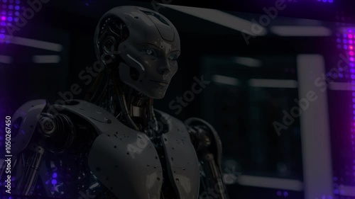Futuristic Robot Showcases Digital Wave Animations, Merging Advanced Technology, Artificial Intelligence, and Cybernetic Innovation for Glimpse into the Future of Robotics.