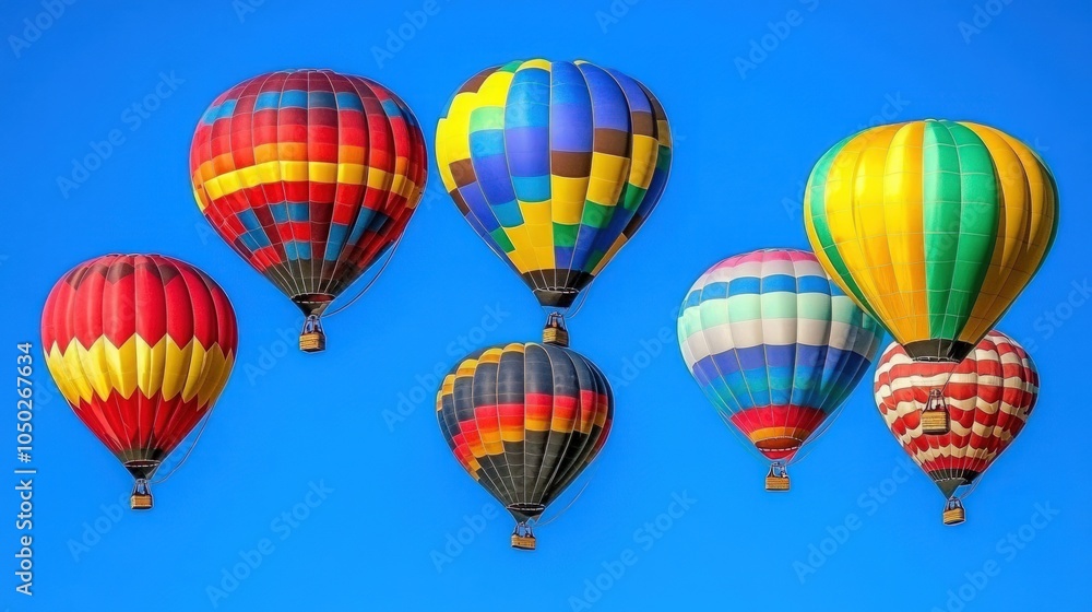 Seven colorful hot air balloons soar through a clear blue sky. Seven colorful hot air balloons soar through a clear blue sky.
