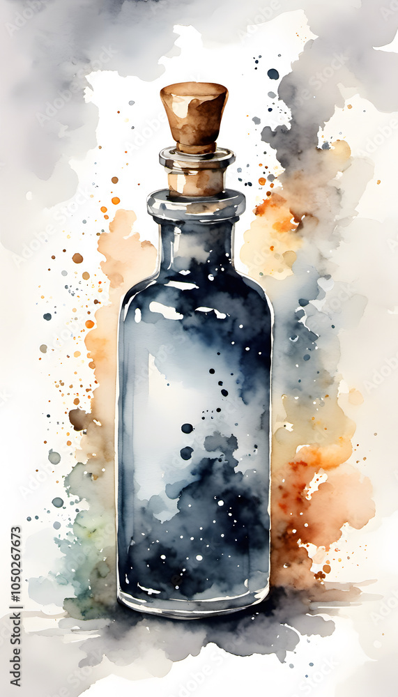 A watercolor painting of a glass bottle with a cork stopper, containing a dark liquid on a light abstract background. A watercolor painting of a glass bottle with a cork stopper, containing a dark liquid on a light abstract background.