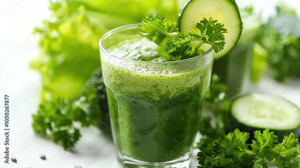 A glass of green smoothie with cucumber and parsley garnish. A glass of green smoothie with cucumber and parsley garnish.