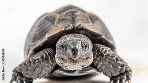 Gopher Tortoise is captured walking forward on a soft white background highlighting its unique rough shell and curious expression. The lighting adds depth to its texture. photo