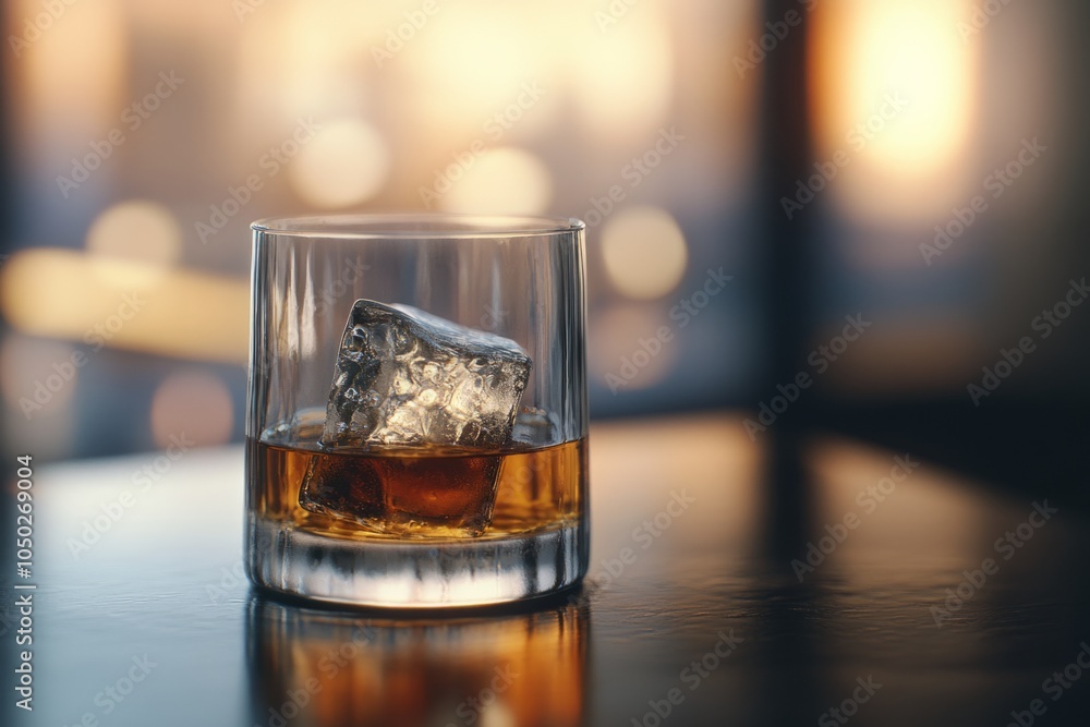 A glass of whiskey with a large ice cube sits elegantly on a wooden table. The warm tones create a cozy atmosphere. Perfect for relaxation and enjoyment. Generative AI A glass of whiskey with a large ice cube sits elegantly on a wooden table. The warm tones create a cozy atmosphere. Perfect for relaxation and enjoyment. Generative AI