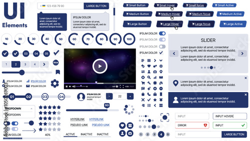 A clean and responsive template with UI elements, menu, icons, and checkboxes; ideal for a business or social media page. Horizontal layout with simple shapes